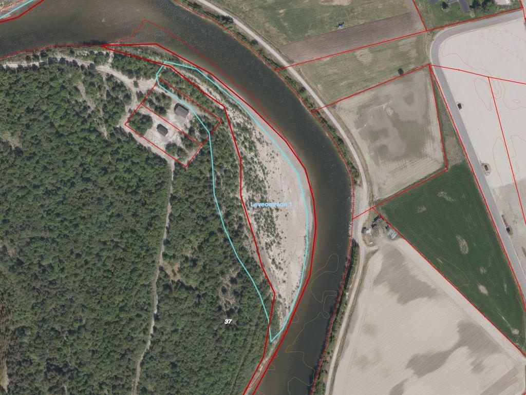 Leveområde 1, naturtype nr 37 Folla v/rostad, NE Sandeggmoen Figur 2 Leveområde 1 (blå avgrensning) har en solid bestand med elvesandjegere. I 2009 ble det telt over 400 larvehull her.