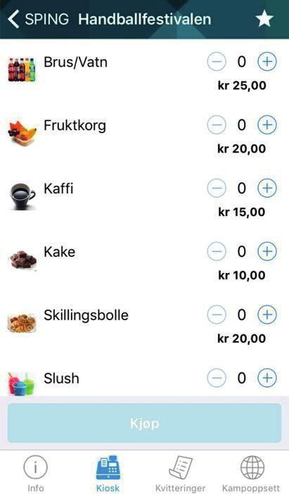 hvilket type arrangement det er og hva arrangør selv ønsker å tilby gjennom SPING. Under menypunktet Kiosk finnes en oversikt over varer en kan kjøpe i kiosken under festivalen.