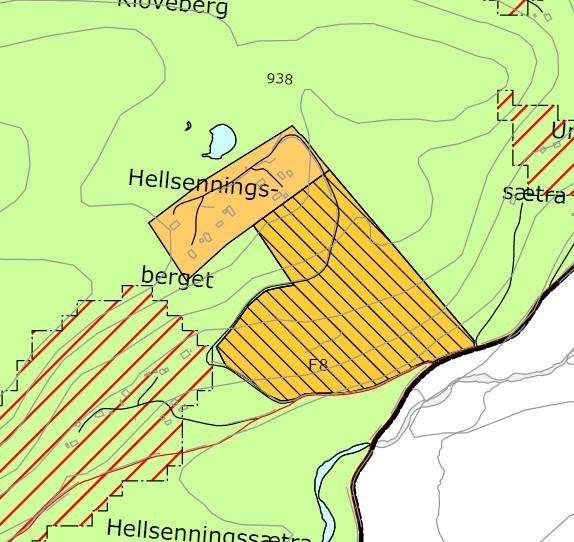 PLANBESKRIVELSE 11 Utsnitt av kommunedelplanen for Teinvassåsen/ Søbekksetra. Området som er markert med utløpsområde for snøskred ligger i et svært bratt område.