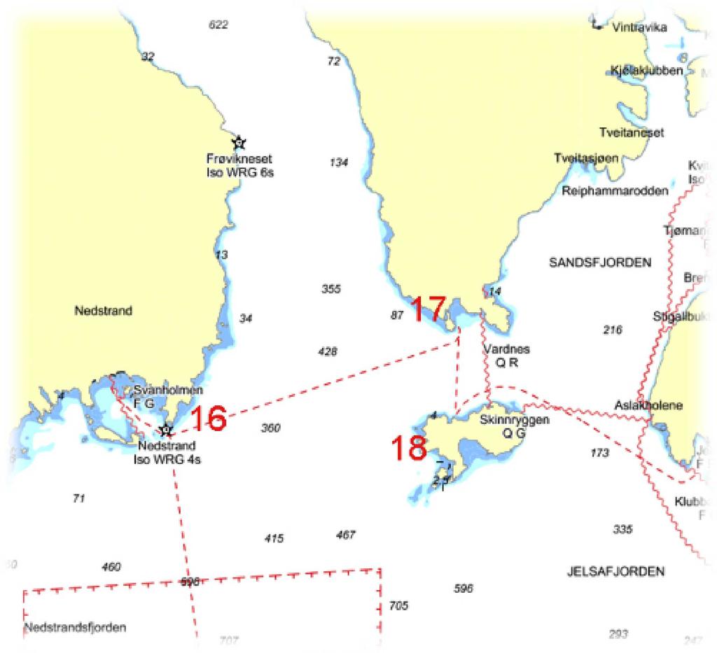 Figur 3.5.5. Stasjonsoversikt for området Nedstrand/Sand Tabell 3.5.13. Stasjon 16 Ferøy WGS 84: 59 20.232 N, 5 51.