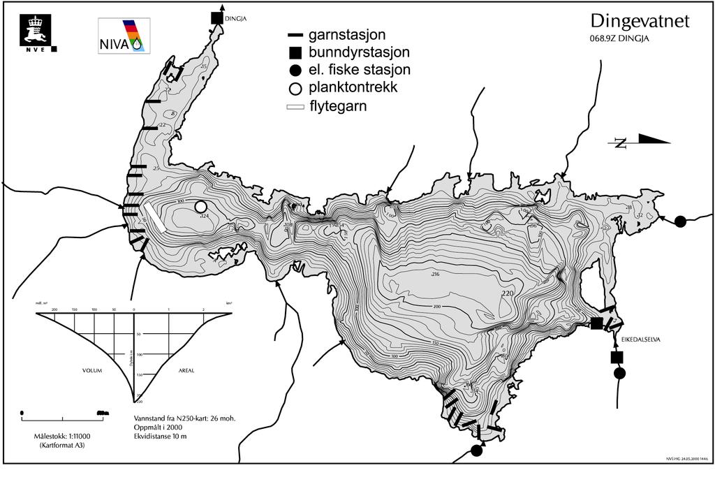 8.2 Dingjevatnet Dingjevatnet (innsjø nr. 1446), ligger i Dingjevassdraget (vassdrag nr. 68.9B) på 26 moh. (Figur 95). Morfologiske og hydrologiske data for innsjøen finnes i Tabell 54.