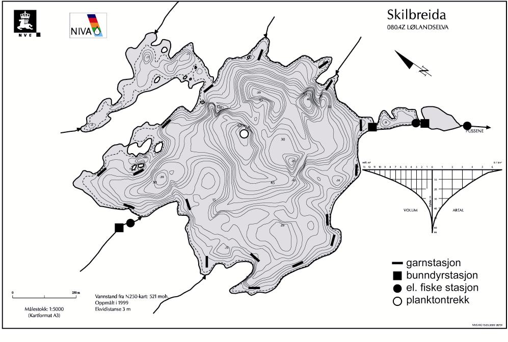 Figur 121. Kart over Skilbreida med markering av prøvetakingsstasjonene. Tabell 66. Morfologiske og hydrologiske data for Skilbreida. Data fra NVE.