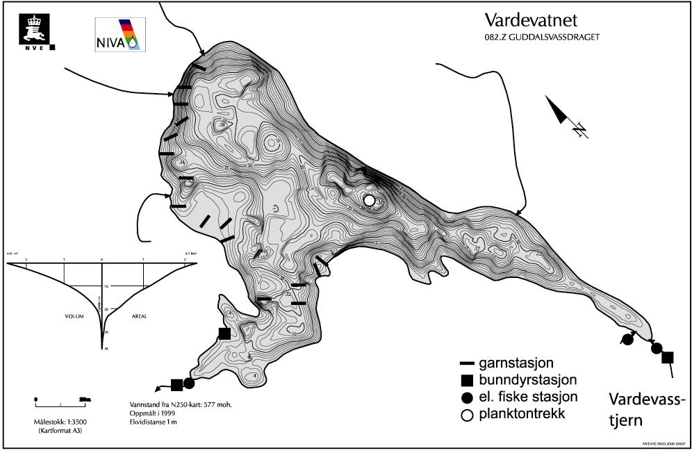 6.3 Vardevatnet Vardevatnet (innsjø nr. 2867), ligger i Guddalsvassdraget (vassdrag nr. 82.Z) på 577 moh. (Figur 53). Morfologiske og hydrologiske data for innsjøen finnes i Tabell 33.