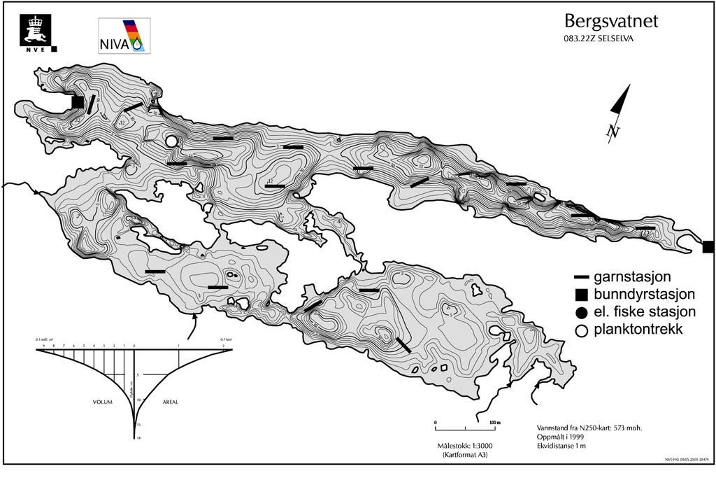 Figur 77. Kart over Bergsvatnet med markering av prøvetakingsstasjonene. Tabell 44. Morfologiske og hydrologiske data for Bergsvatnet. Data fra NVE.