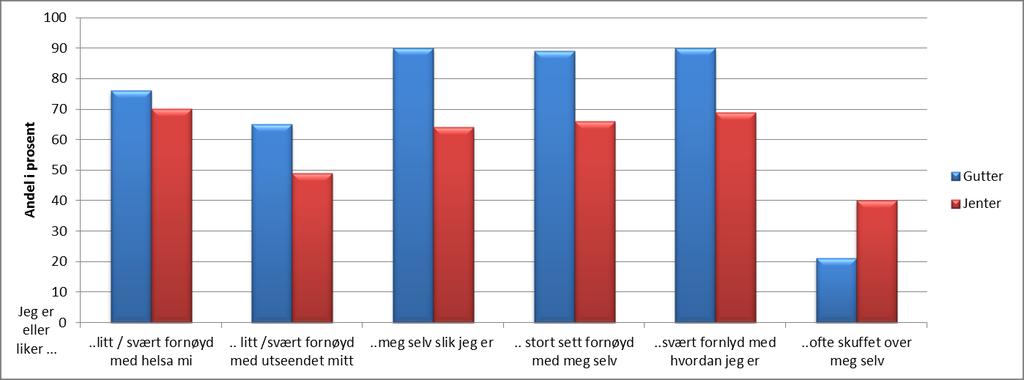 4.6 Helsetilstand 4.6.1 Opplevelse av helse, livskvalitet og begrensninger Tall fra ungdataundersøkelsen i Lom i 2015: 79 % var svært eller litt fornøyd med helsa 84 % var stor sett fornøyd med seg