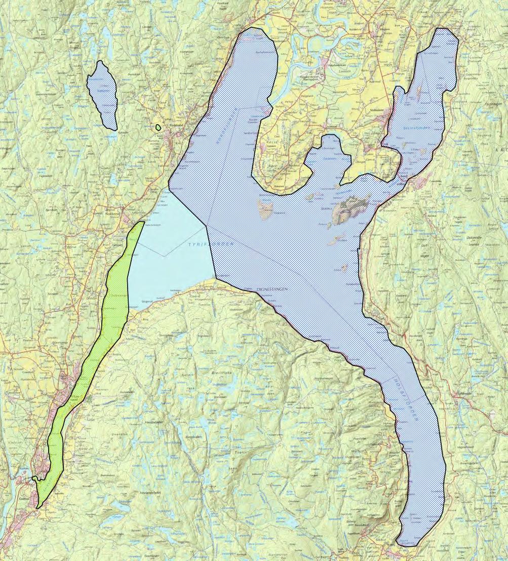 Figur 7. Dekningskart for overvåkingsområdet. Blått: dekkes normalt med båt 3 ganger i løpet av hekkesesongen, gult: dekkes normalt 3 ganger fra land i løpet av hekkesesongen.