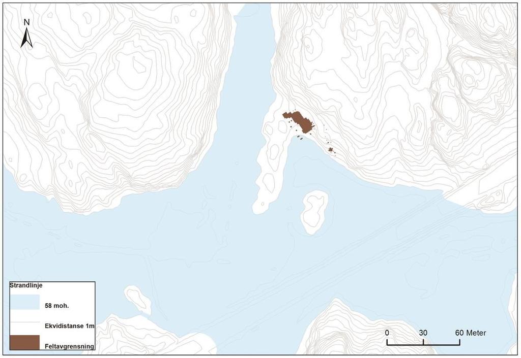 Figur 15. Hovland 1 med strandlinjen hevet til 58 moh. Kart: KHM. 7.2.