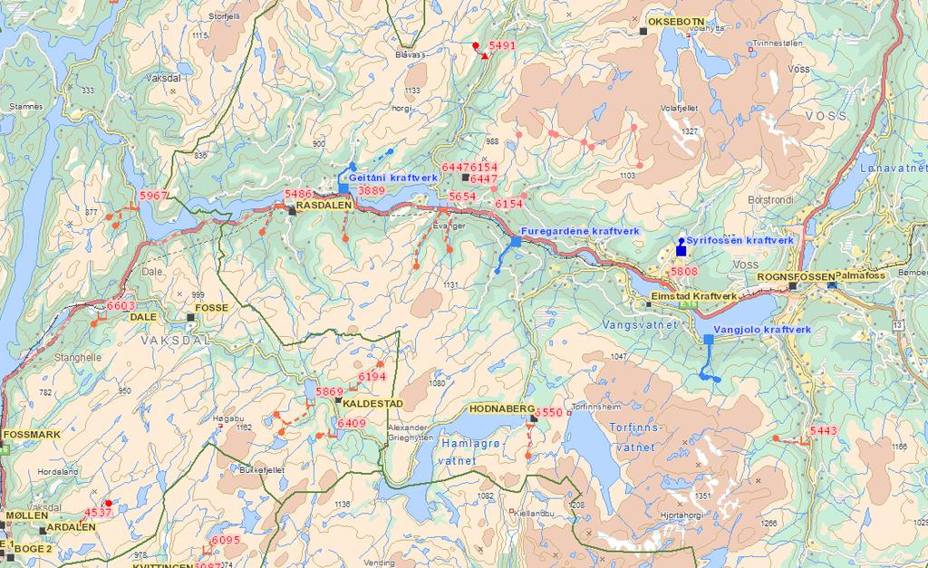 Samla oversikt over dei omsøkte kraftverka pluss eksisterande kraftverk (i blått): Geitelvi Jørnevik Vassvøre Nedre Dyrvo Tesgjolo Gosland 5.