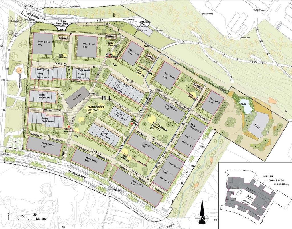 Illustrasjonsplan som viser bebyggelse og uteareal innenfor planområdet. Illsutrasjon fra områdeplan er vist øverst til høyre. 2.