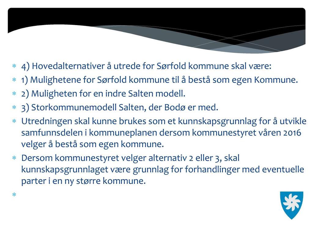 4) Hovedalternativer å utrede for Sørfold kommune skal være: 1) Mulighetene for Sørfold kommune til å bestå som egen Kommune.