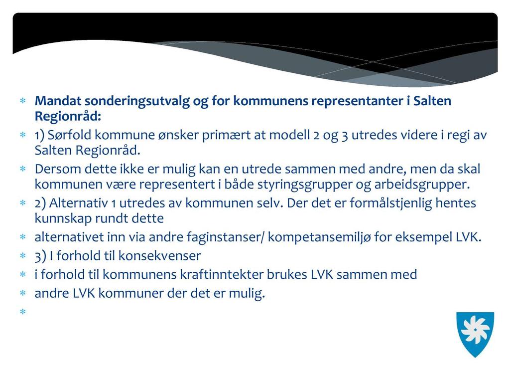Mandat sonderingsutvalg og for kommunens representanter i Salten Regionråd: 1) Sørfold kommune ønsker primært at modell 2 og 3 utredes videre i regi av