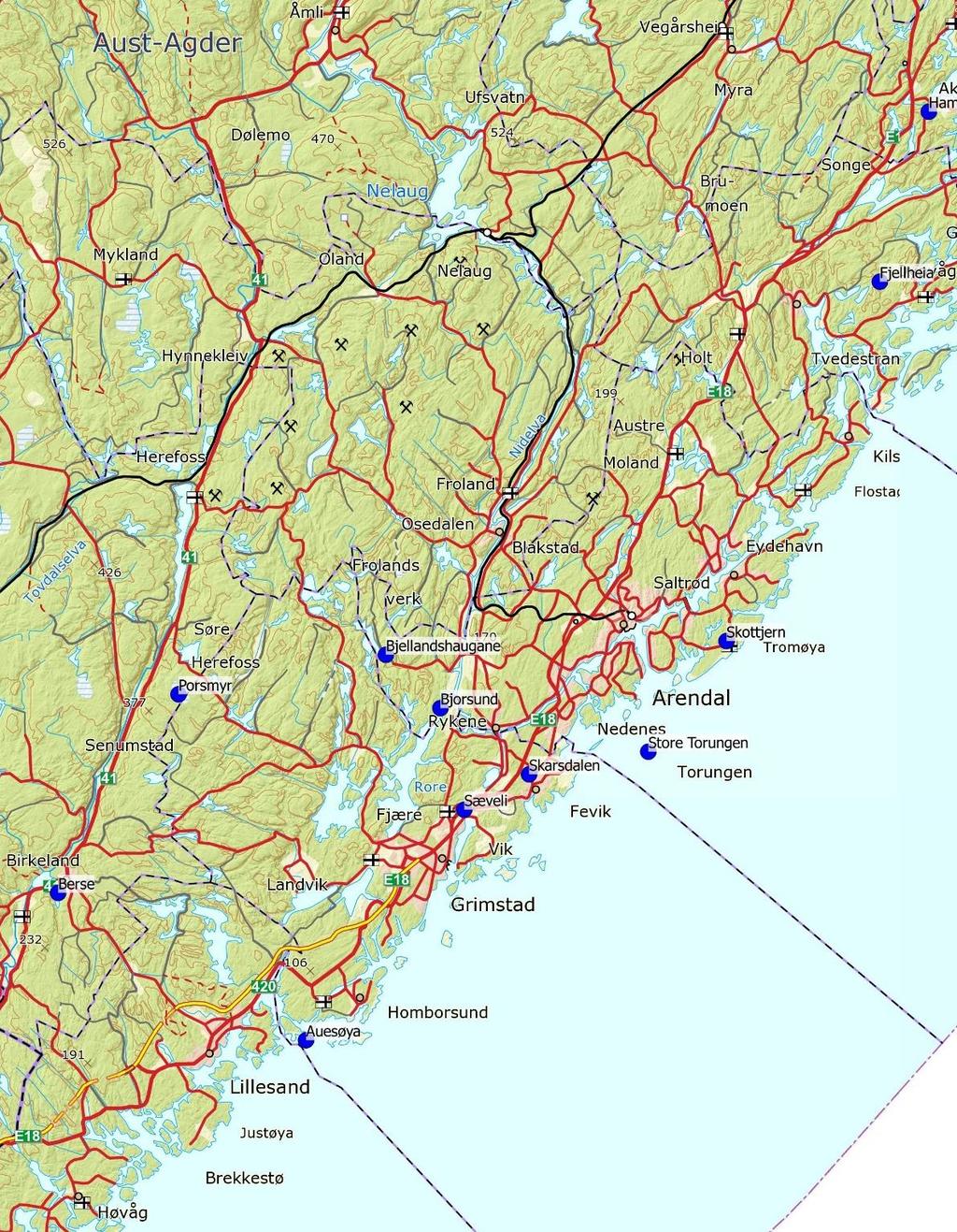 Figur 1. Oversikt over plasseringen av de 11 opprinnelige undersøkelsesområdene. Hammartjønn med blått punkt lengst i nordøst. 2.