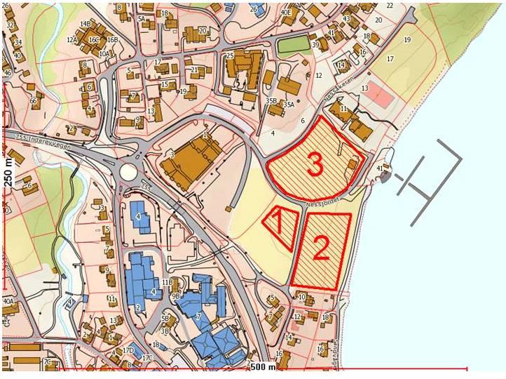 Nr. 1: Område B1 på Nessjordet. Resten av tomt B1 som skal bebygges med omsorgsboliger. 1,4 daa.