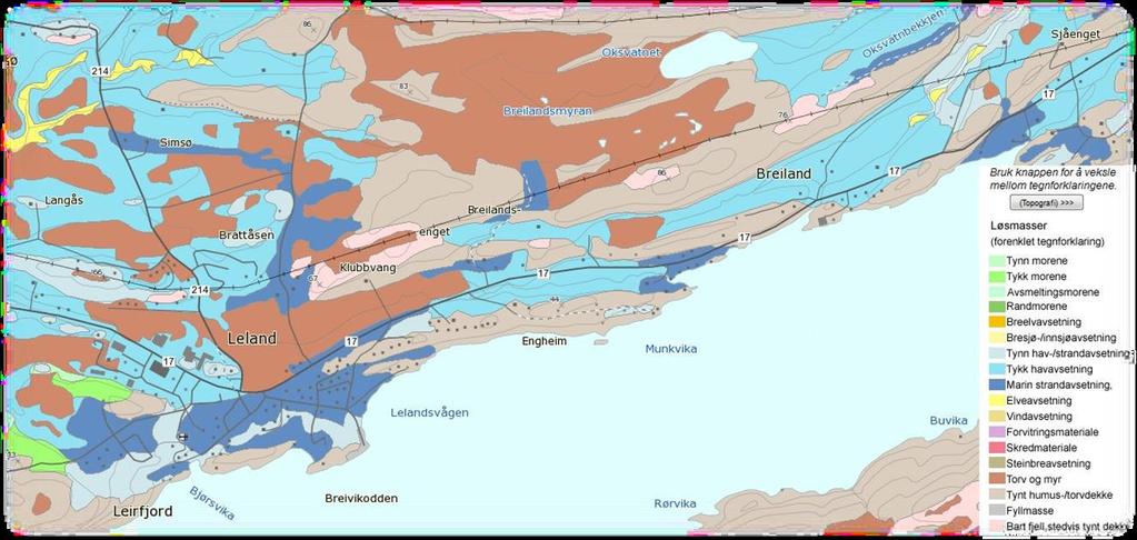 3.3.6 Naturressurser Oversiktsbildet over løssmasser i planområdet 3.3.7 Samfunn, nærmiljø Utbygging av traseen vil gi muligheter for utvikling av boligbebyggelse langs FV 17.