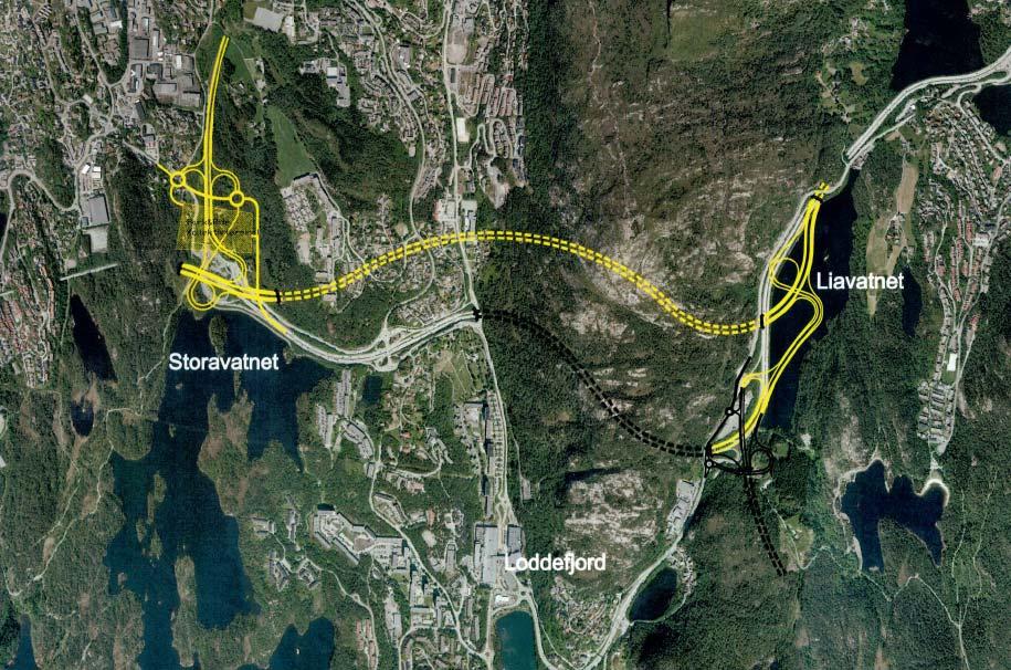 4 Alternativ P103 Figur 2 Her planlegges vegen lagt i ny lang tunnel mellom Storavatnet og Liavatnet.