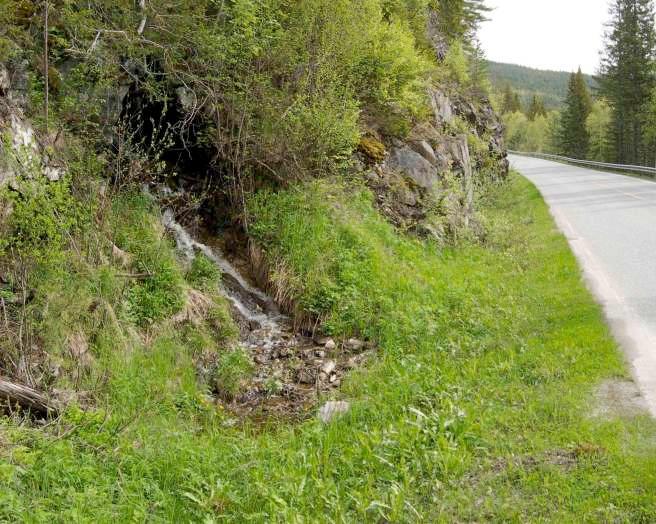 Dagens grøft langs Fv30 leder overvann fra skråningen nord for fylkesvegen frem til bekk som krysser vegen i rør vest for planområdet. Figur 6.13.