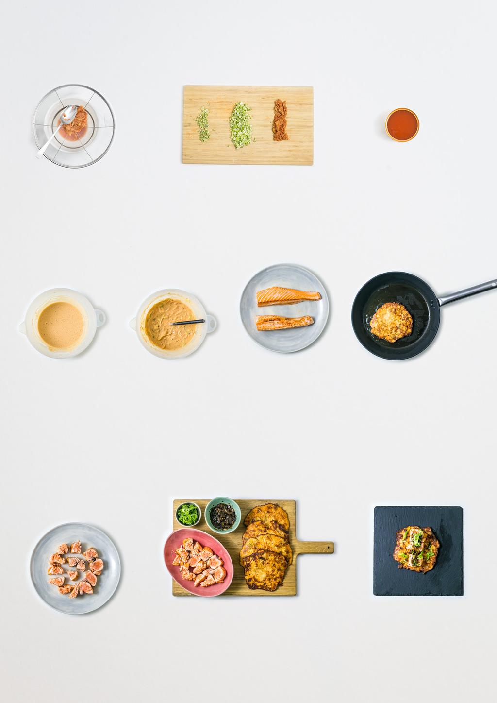 Råstekt laks * Kimchipannekaker og soya- og sesamsaus med syltet ingefær Husk å sjekke Kokkelørens smarte tips og triks på baksiden før du setter i gang.