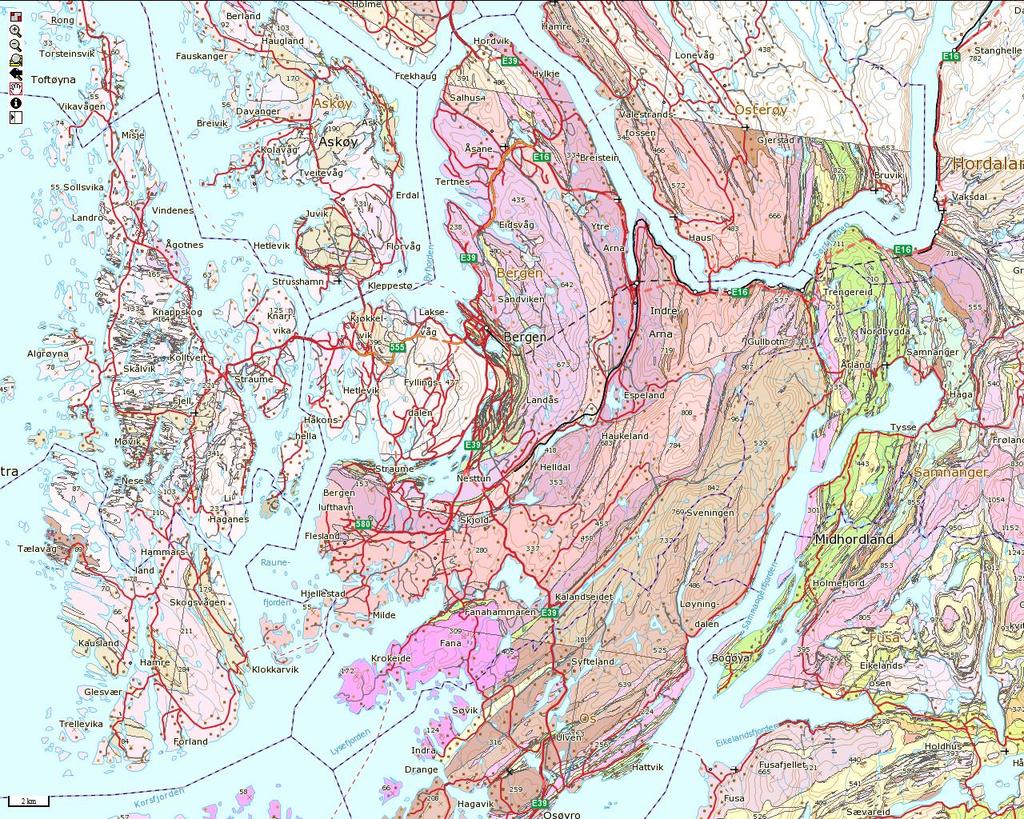 Naturgrunnlaget 4 NATURGRUNNLAGET 4.1 Geologiske forhold I et storskala perspektiv ligger aktuelle registreringsområder i dette prosjektet sørvest i Bergen kommune.
