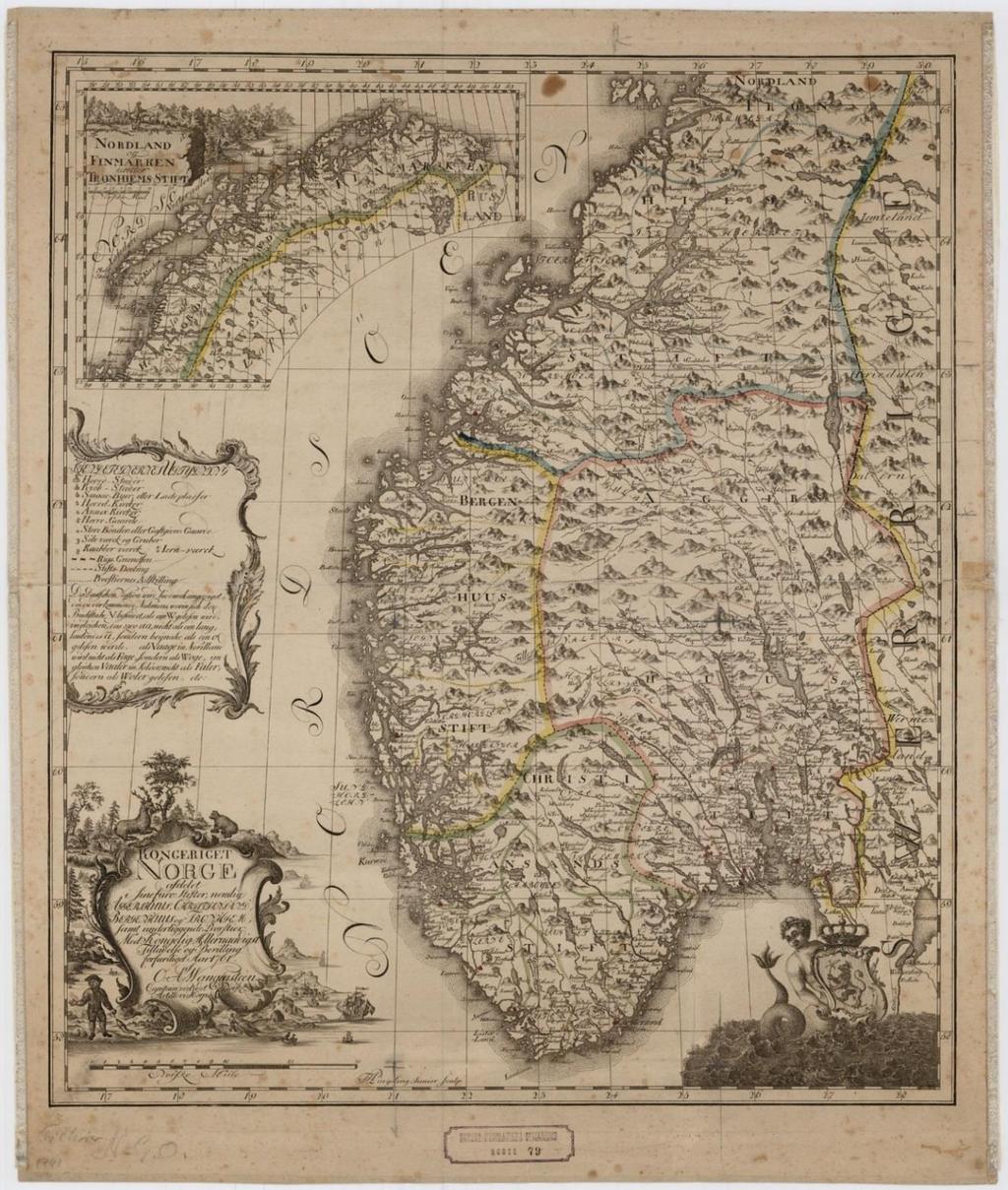 Figur 4: Wangensteens kart fra 1761 (Kartverket 2015d). Sør-Norge var 1: 850 000, og det var fullt av symboler for blant annet festninger, skyssgårder, bergverk og glassverk.