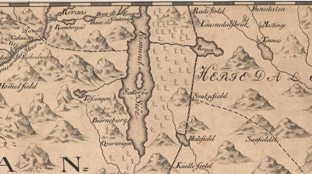 Figur 27: Utsnitt fra Wangensteens kart over Aggershus Stift fra 1762, med korrekt grense. (Kartverket 2016f). De 23 grensekartene ble laget over en periode på mer enn 10 år.