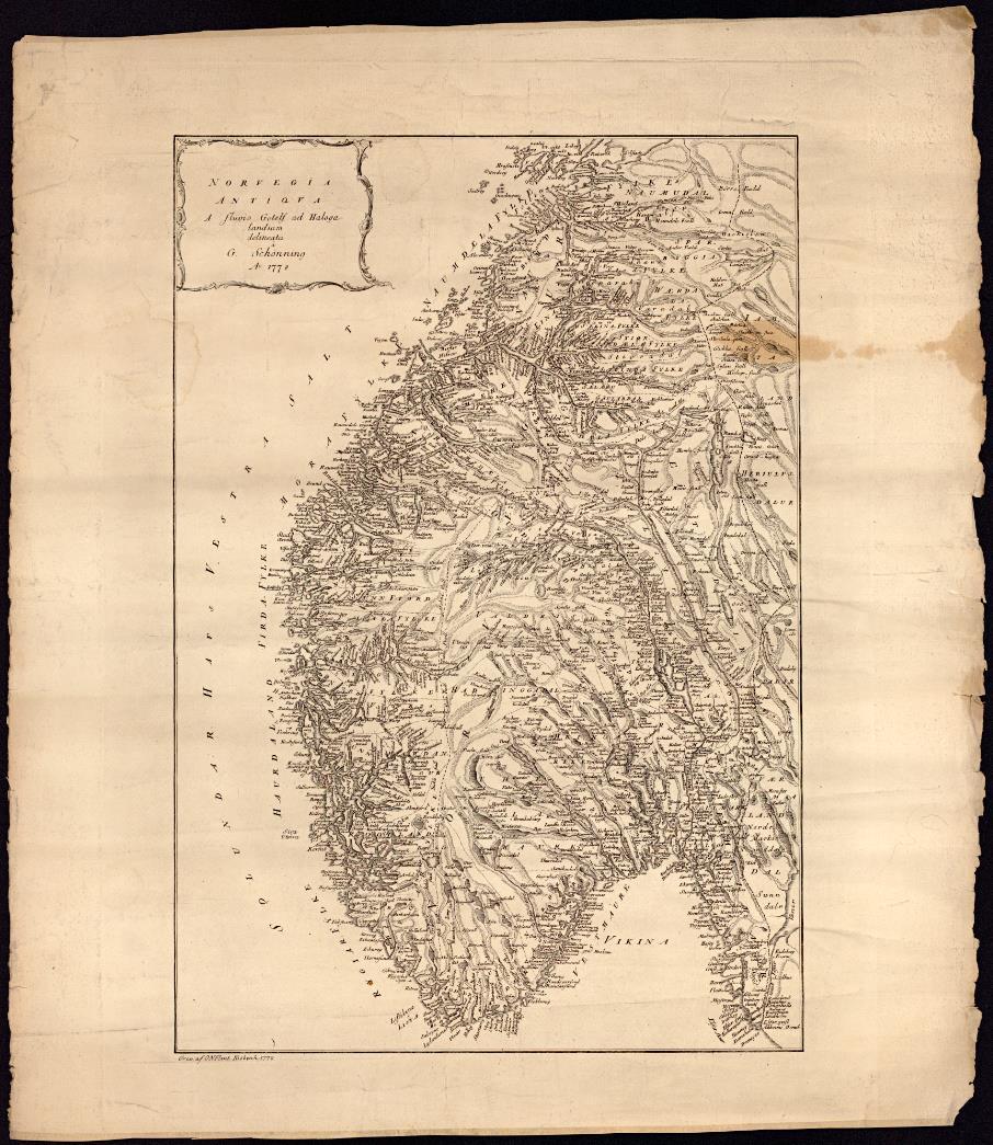 Figur 28: Schönings kart over Sør-Norge fra 1778 (Nasjonalbiblioteket 2016a). På 1770-tallet foretok Schöning omfattende reiser i Sør-Norge der han samlet stoff til historisk-geografiske utgivelser.