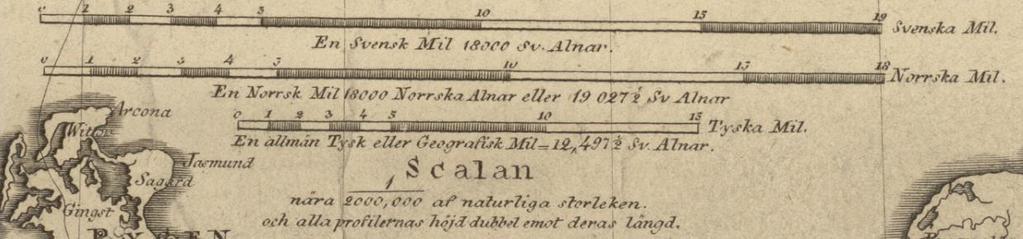 (alen). Det angis for eksempel at en norsk mil = 18 000 norske alen = 19 071 svenske alen. En norsk alen var altså litt større enn en svensk, og tilsvarte ca. 63 cm (Hoem 1986). Som nevnt i punkt 3.1.5 «Norsk kartografi på 1700- og 1800-tallet», ønsket Karl Johan å samordne kartografien i sine to land.