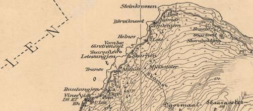 Et gårdstun lenger nordøst kalles nå Lote. Figur 59: Kart over Lote fra 1932, opprinnelig målestokk 1:50 000 (Kartverket 2016i).