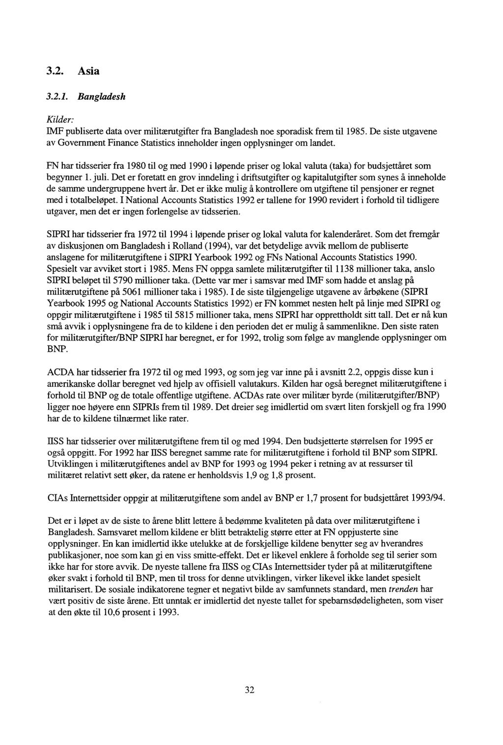 3.2. Asia 3.2.1. Bangladesh Kilder: IMF publiserte data over militærutgifter fra Bangladesh noe sporadisk frem til 1985.