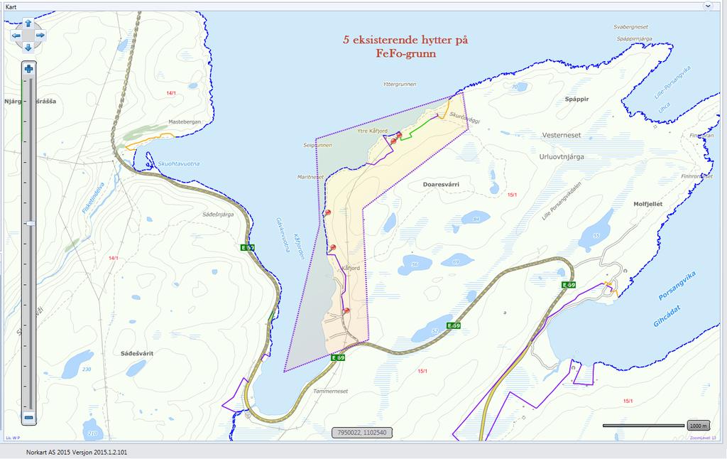 Kåfjord: Innenfor utvalgte område har vi i dag 5 hyttetomter som vist på markert areal under, i