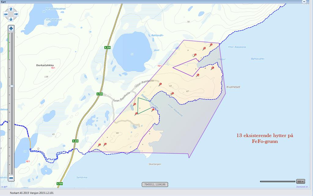 Rastkjeila Innenfor utvalgte område har vi i dag 13 hyttetomter som vist på markert areal under, i