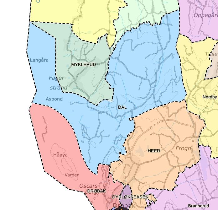 Utbyggingsmønster- og potensialet utenfor Dal/Brevik Frogn kommune har et tett utbyggingsmønster i dag der om lag 90 % av befolkningen bor innenfor det som er definert som bygrensa til Drøbak.