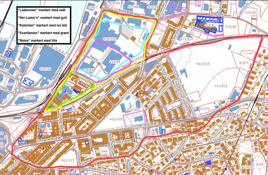 Kart med oversikt over de ulike områdene. 58 Innenfor Østbyens grenser finner vi så arbeiderbydelen Lademoen, av innbyggerne ofte kalt Lamo n.