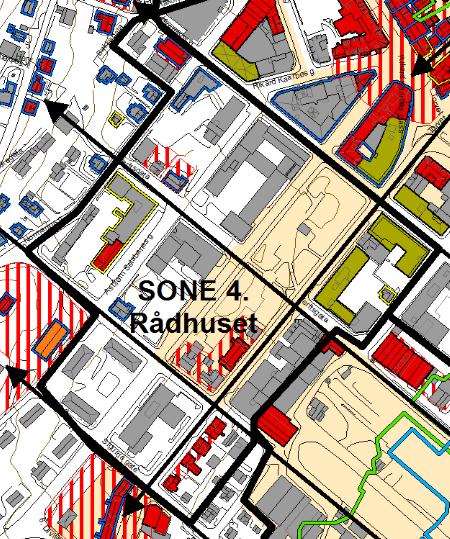 Kart 9. Sone 3 Sentrum med fordeling av verna objekter, kulturmiljø og strukturer Tabell 4. Sone 4.