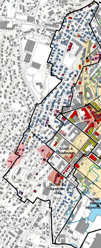 6.6. Sone 6. Sentrum Vest og fjordgt. Sone 6 er avgrenset lang sone 1, 2, 4 og 5 og lang hele vestlige del av plangrensen.