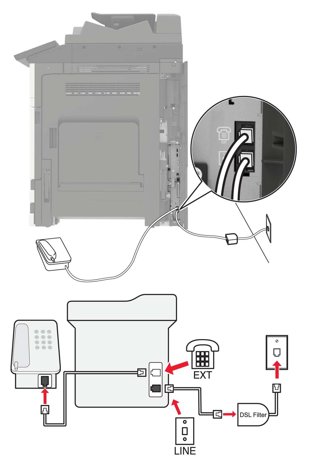 faks 44 Konfigurere faks ved hjelp av DSL FORSIKTIG FARE FOR STØT: Ikke installer dette produktet eller utfør noe elektrisk arbeid med tilkoblinger, for eksempel strømledningen, faksfunksjonen eller