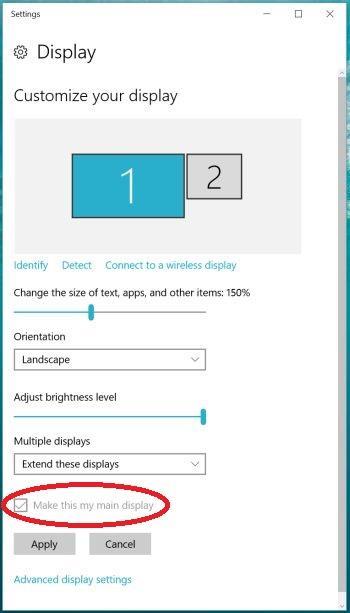 Det gjøres på følgende måte: Høyreklikk på Skrivebordet og velg Display settings Du skal nå få tilkoblede skjermer vist som (1), (2), (3) osv.