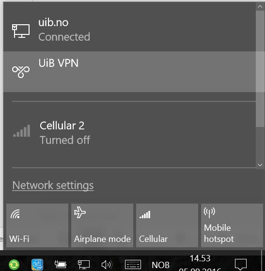 VPN-klient VPN-klient er integrert i Windows 10. VPN-tilkoblingen kan brukes for å gi deg en IP-adresse på UiBnettet selv om du befinner deg utenfor UiBs nettverk.