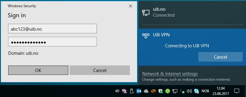 Dette symbolet er formet som et søylediagram ved trådløs kobling og en skjerm med en nettverkskabel dersom du er tilkoblet med kabel. Deretter klikker du på UiB VPN og så på Connect.