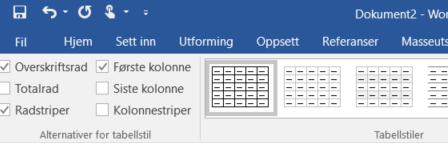 Utforming/Design og Oppsett/Layout. Under Utforming -> Tabellstiler ligger det en rekke forslag til fargerike, ferdigformaterte tabeller.