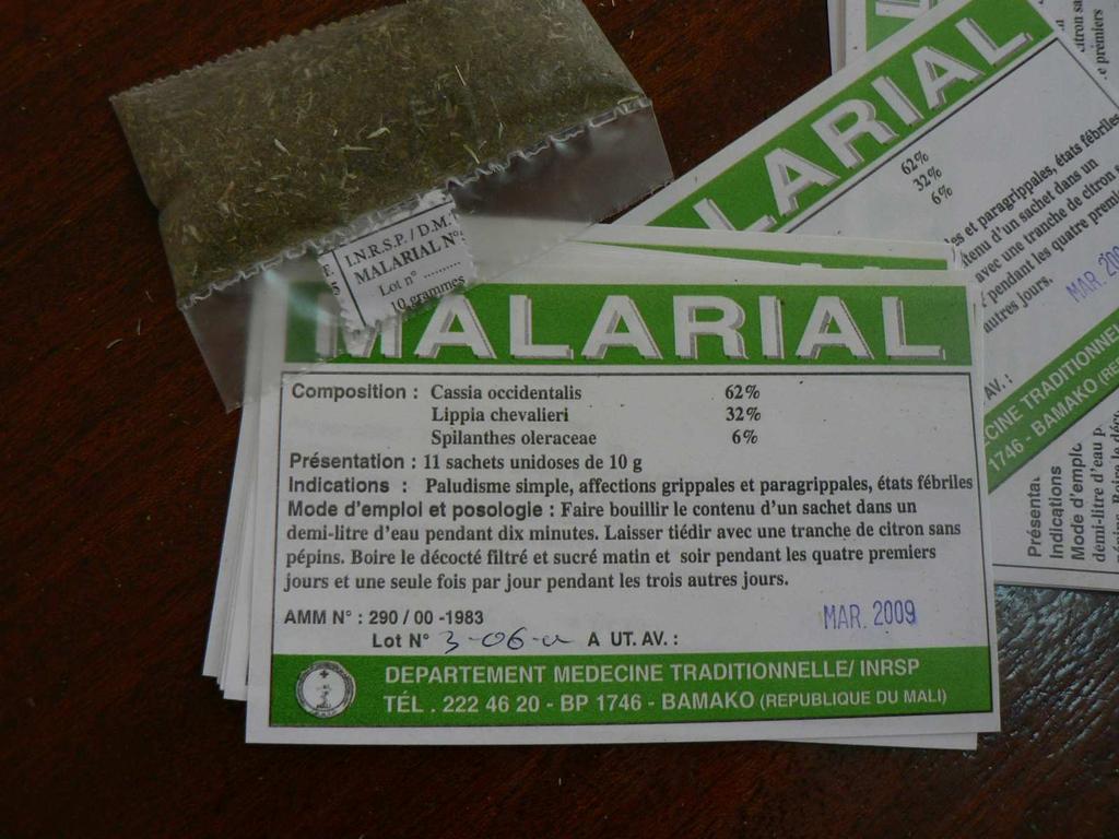 90 Ethnopharmacological survey in Mali Figure 5.1: The herbal preparation Malarial, which is used to treat malaria. district and 17 in Koutiala. Each interview took approximately 20 minutes.