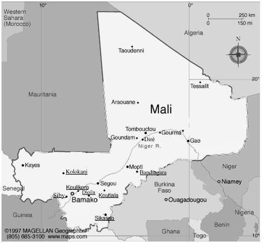 5.4 Field work in Dioila, Beleco, N cadougoutiguila and Koutiala. 91 Figure 5.2: A map of Mali.
