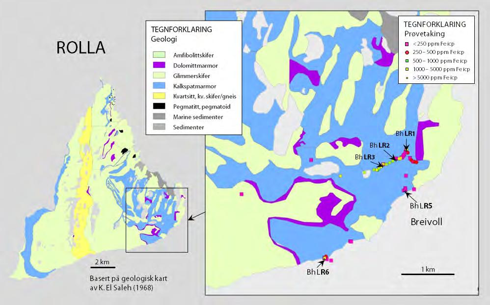 Berggrunnen på Rolla (Fig. 4) består i hovedsak av båndet kalkspatmarmor, kvartsitt, glimmerskifre og glimmergneiser med pegmatittisk utvikling, og er geologisk kartlagt av El Saleh (1969).