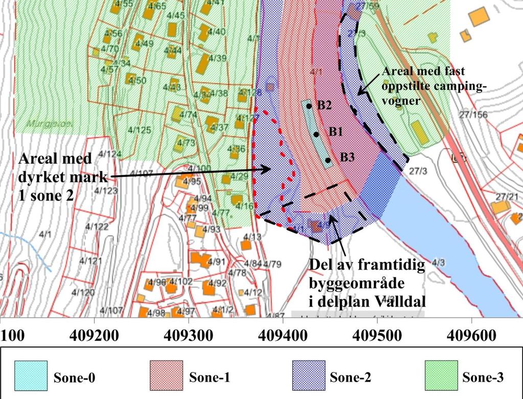 Søknad om konsesjon for grunnvannsuttak - Valldal vassverk 29 Et område sør for brønnområdet utgjør den nordlige del av et areal planlagt som framtidig byggeområde i kommuneplanens arealdel (delplan