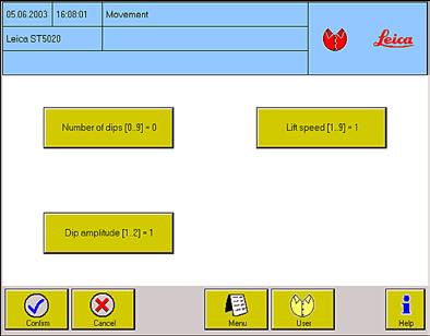 5. Betjening 5.4.5 Bevegelse Alle endringer i denne menyen krever tilgangsnivå for systemansvarlig. Derfor kan endringene bare utføres hvis det ikke foregår fargeprogrammer.