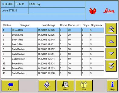 5. Betjening RMS-loggen Leica ST5020 er utstyrt med et Reagent Management System (RMS) som gir en grafisk fremstilling av reagenshistorikken i "Instrument Status" (se kapittel 5.5.1).