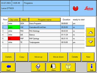 5. Arbeidsområde 5.6 Fargeprogrammer Menyen PROGRAMS inneholder en tabell der alle de lagrede fargeprogrammene vises. I systemansvarlig-modus (fig. 54) vises kolonnetopptekstene CLIP COLOR, ABBR.