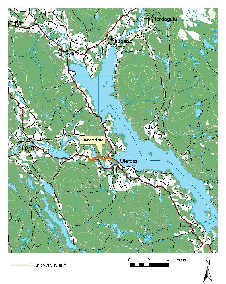 Området Planområdet strekker seg fra Riksvei 36 nord for Ulefoss, over Eidselva til Stoadalen/Nyhus i vest (se fig 3 og 4).