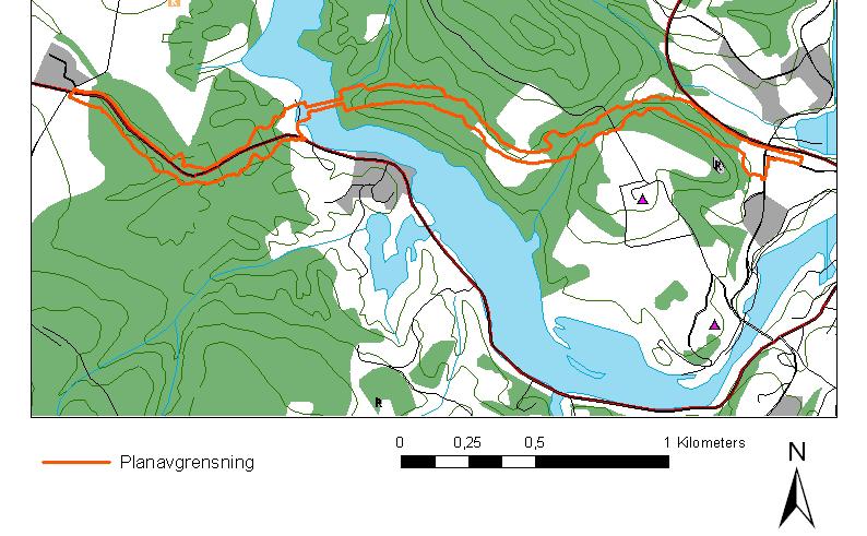 Figur 4 Oversikt over planområdets utstrekning. Like sør for grensen til planområdet i øst ligger et tidligere registrert gravfelt fra jernalder, på kartet merket med rune-r i rosa felt.