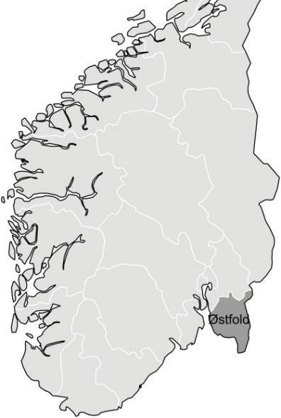 2. Material og metode Figur 1. Øverst til venstre, et kartutsnitt av Norge med Østfold fylke markert.