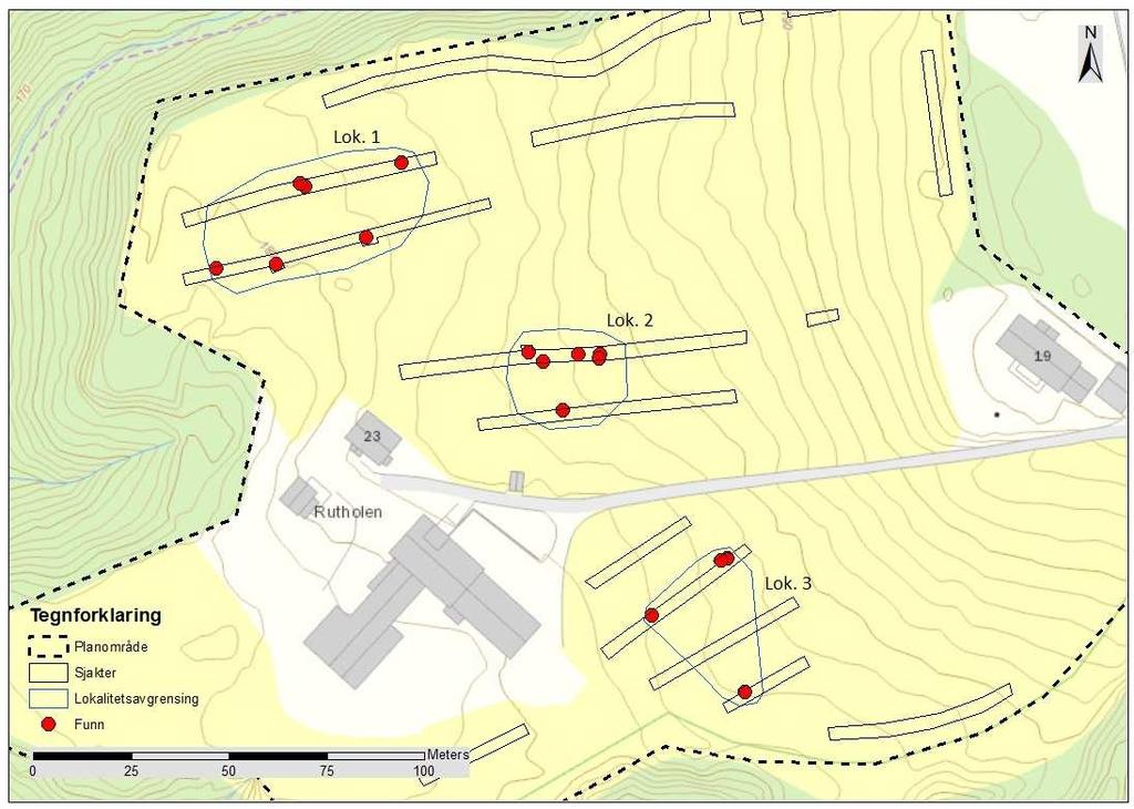 Funn Det ble registrert 16 strukturer, fordelt på seks sjakter i undersøkelsen. I sjakt 5 og 6, på flaten lengst nord i planområdet, ble det registrert 6 strukturer, F1-F6; lok. 1, id- 179680.